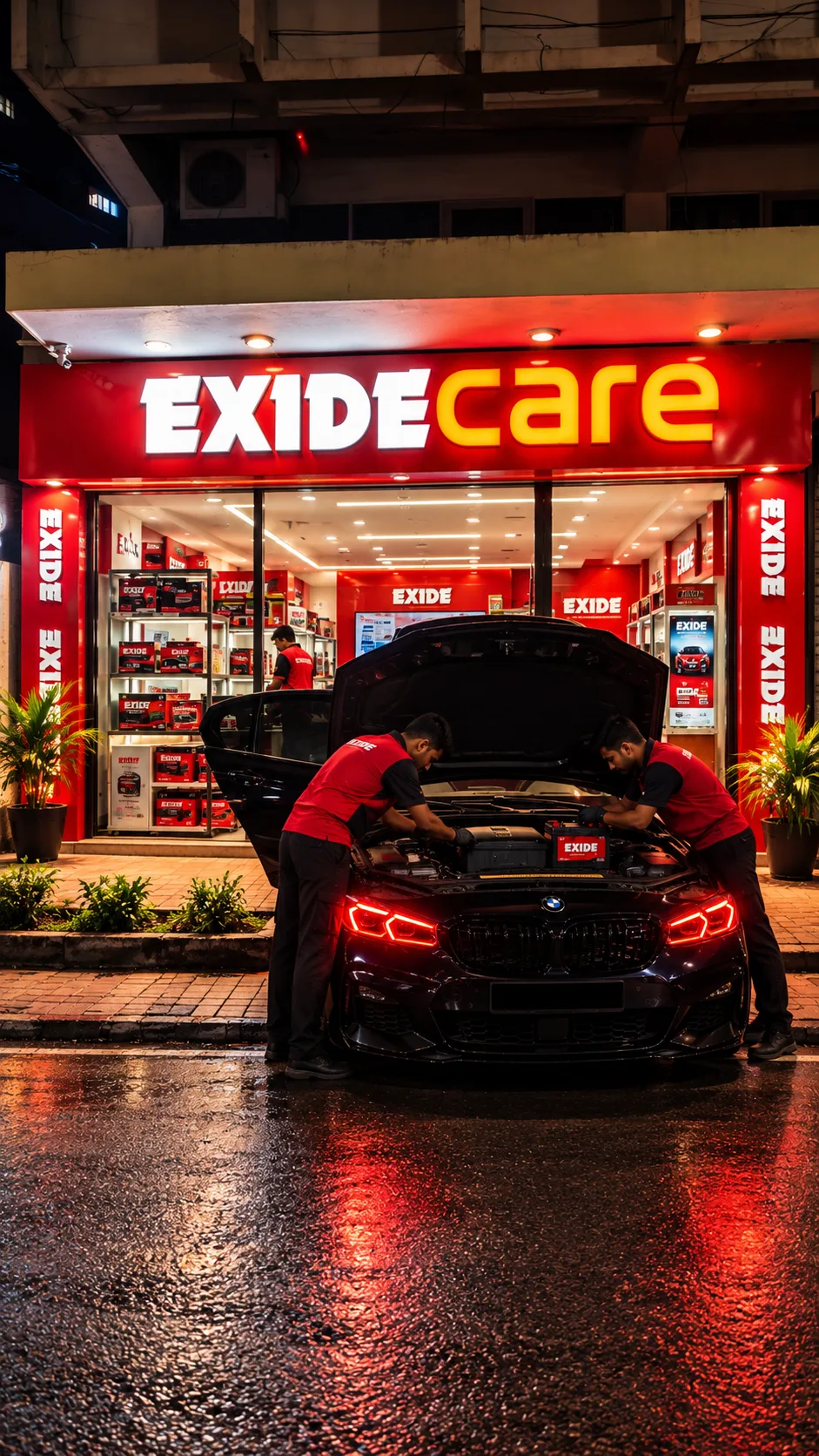 Super-Life technicians fitting an Exide battery outside our Panjim Exide Care store