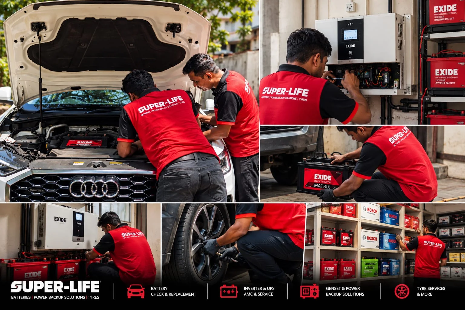 Super-Life technicians servicing batteries, inverters, UPS and tyres