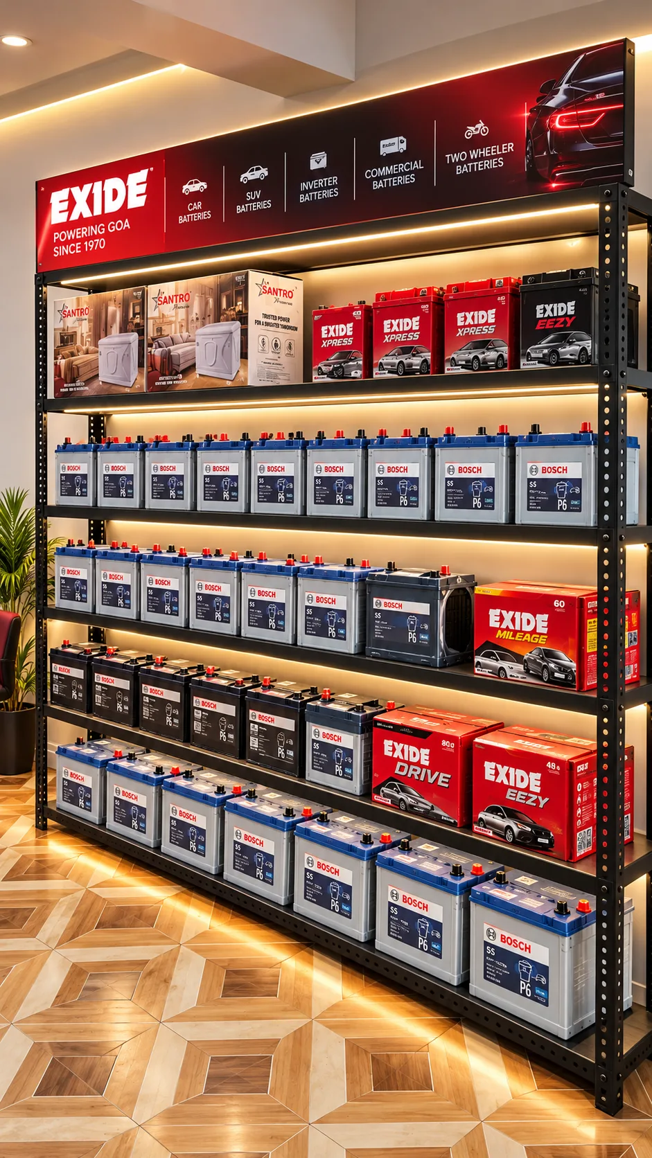 Exide and Bosch battery display at Super-Life Sangolda