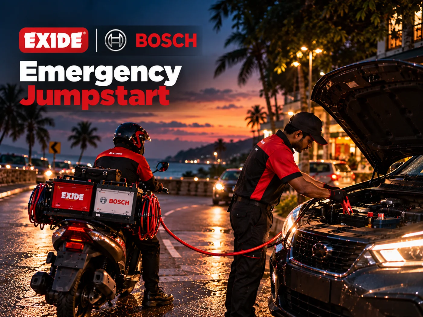 Super-Life technician jumpstarting a car on a Goa road at night